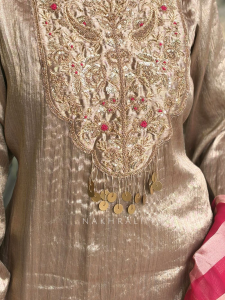 Pravya Golden Suit Set with Embroidered Front Work