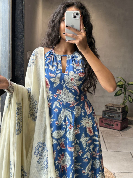 Mehira Blue Anarkali Suit Set with Floral Print