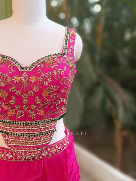 Navira Magenta Indo Western Draped Dress with Zari Cut Dana and Sequin Work