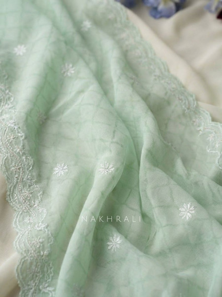 Roselune Pista Green Floral Printed Dress Material with Embroidered Border