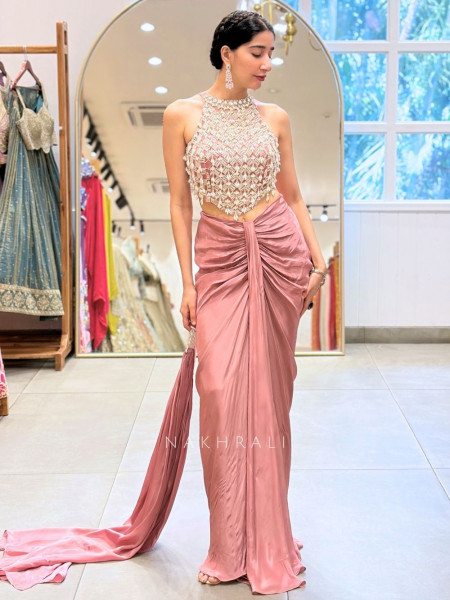 Ruched Pink Halter Neck Crop Top Skirt Set with Cut Dana, Pearl and Bead Work