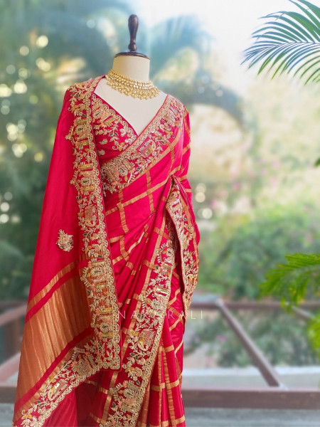 Kavira Red Saree with Zari Embroidered Border