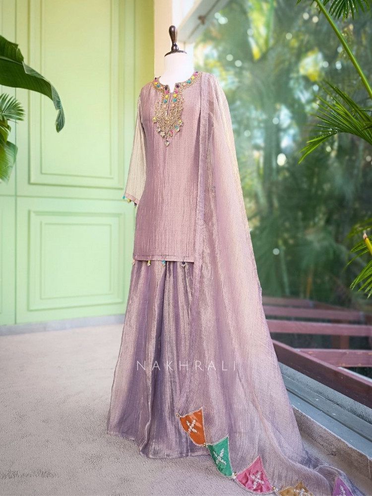 Image of Meherza Lavender Embroidered Kurta Sharara Set with Dupatta