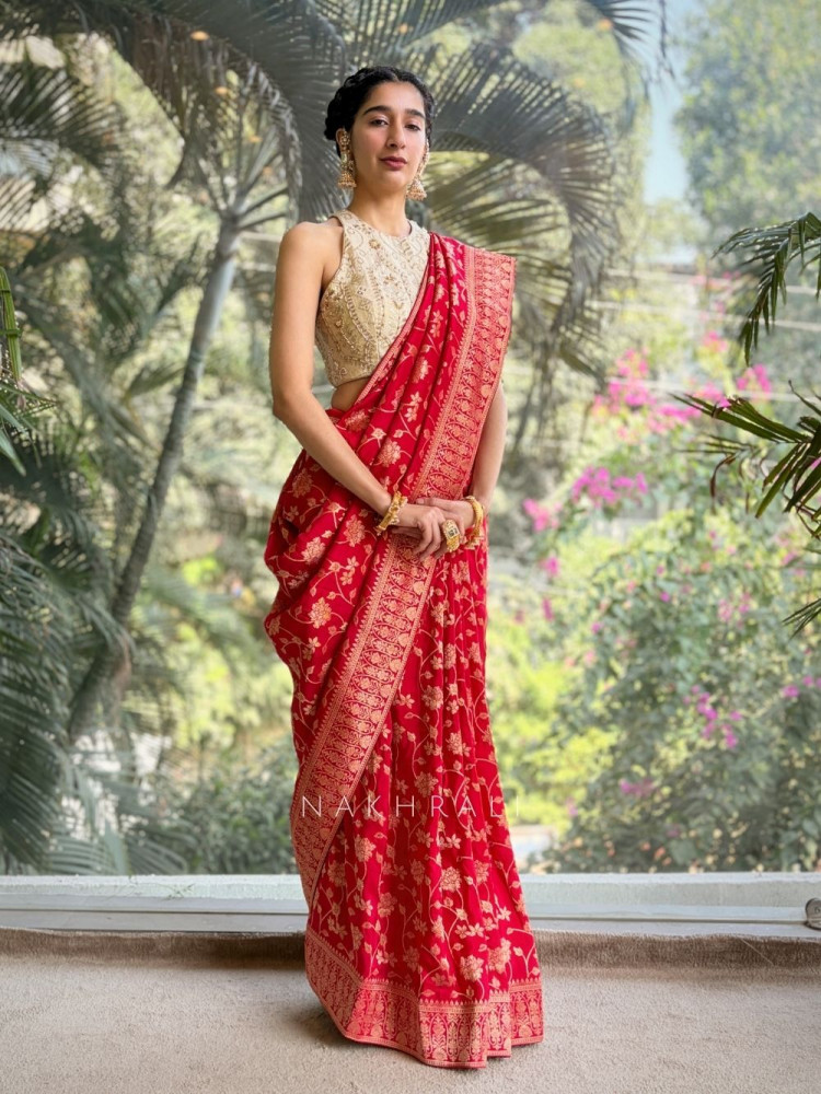 Image of Trishika Red Brocade Silk Saree with Zari Detailing