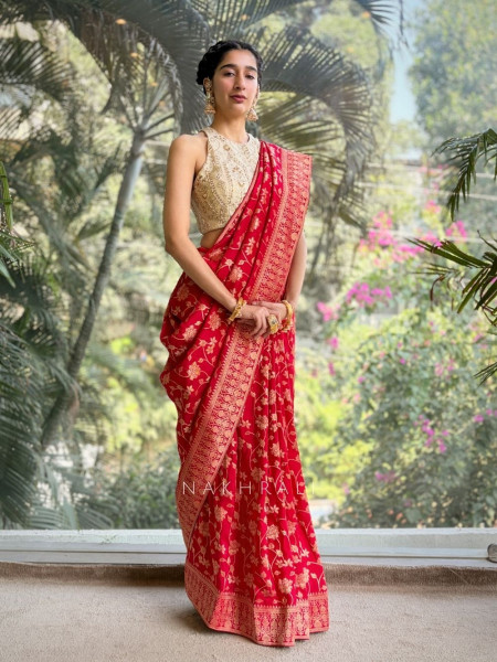 Trishika Red Brocade Silk Saree with Zari Detailing