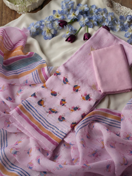 Panchi Pink Twill Blend Dress Material with Bird Thread Embroidery