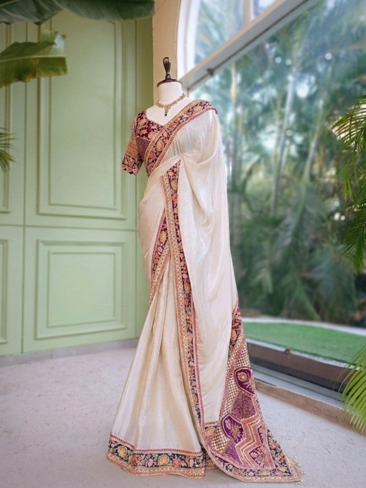 Image of Mehr Cream &amp; Wine Fusion Saree