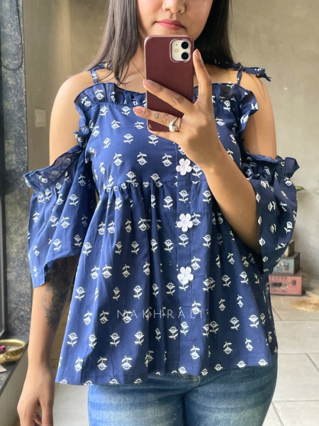 Chic Cascade Navy Blue Color Printed Short Top with Ruffle Sleeves