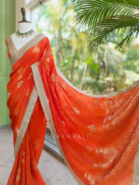 Tavira Orange Saree with Broad Border and Unstitched Blouse Piece