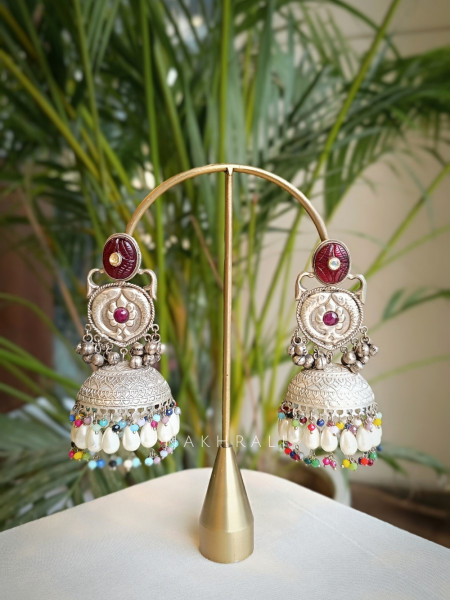 Zynara Red Silver Jhumka Earrings