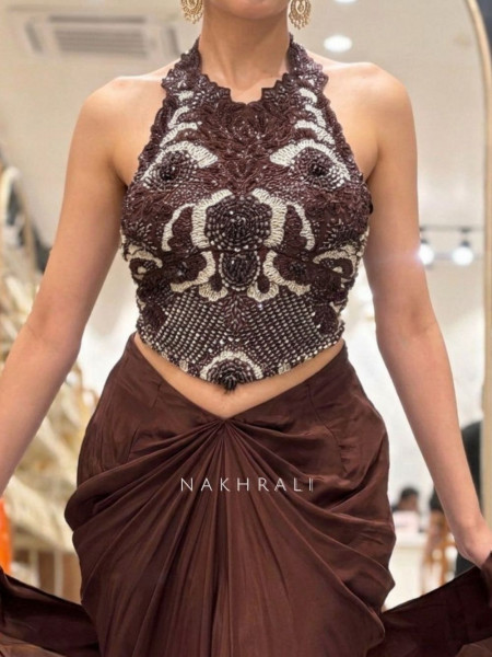 Kalyra Halter Brown Indo-Western Set