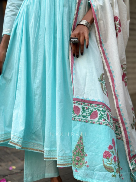 Gulistan Sky Blue Cotton Anarkali Suit Set with Floral Dupatta