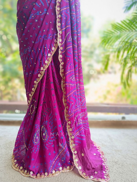 Mehrang Dark Purple Bandhani Saree with Gota Border