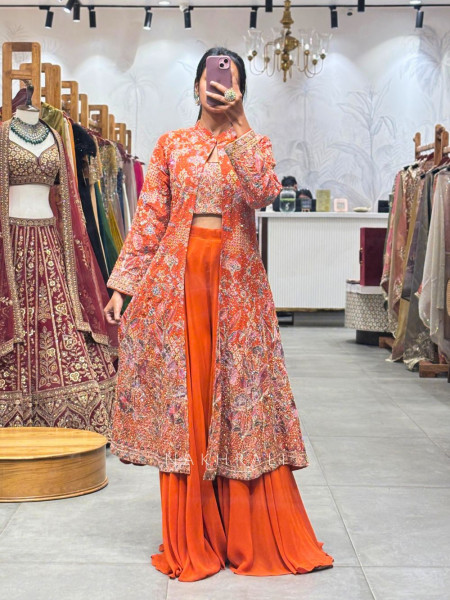 Radiant Orange Embroidered Indo-Western Set