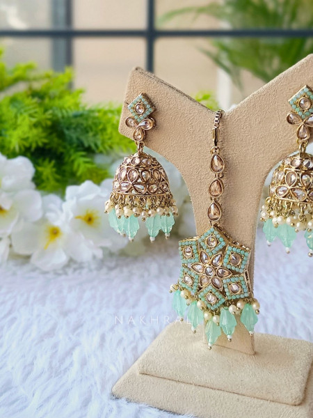 Mint Green Jhumka Earrings and Mang Tika Set