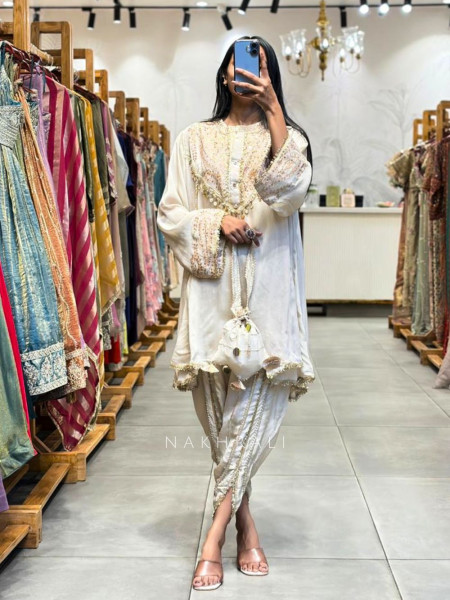 Nisaar Cream Indo Western Dhoti Set with Sequin Coin Tassel Work