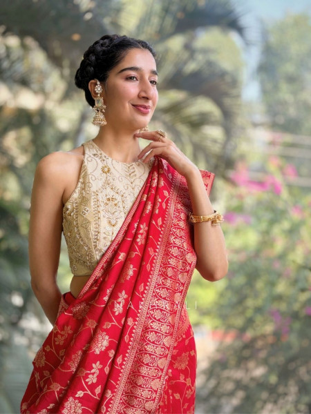 Trishika Red Brocade Silk Saree with Zari Detailing
