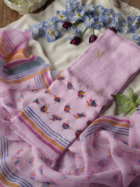 Panchi Pink Twill Blend Dress Material with Bird Thread Embroidery