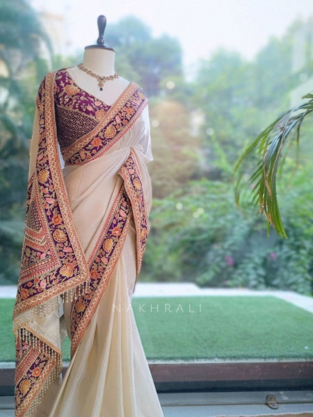 Mehr Cream & Wine Fusion Saree