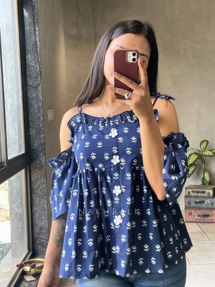 Image of Chic Cascade Navy Blue Color Printed Short Top with Ruffle Sleeves