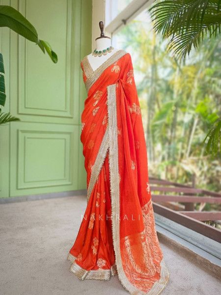 Tavira Orange Saree with Broad Border and Unstitched Blouse Piece