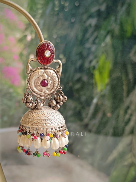 Zynara Red Silver Jhumka Earrings