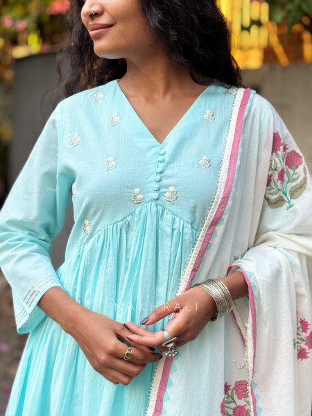 Gulistan Sky Blue Cotton Anarkali Suit Set with Floral Dupatta