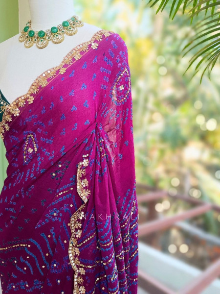 Mehrang Dark Purple Bandhani Saree with Gota Border