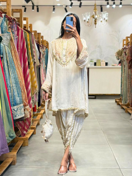 Nisaar Cream Indo Western Dhoti Set with Sequin Coin Tassel Work