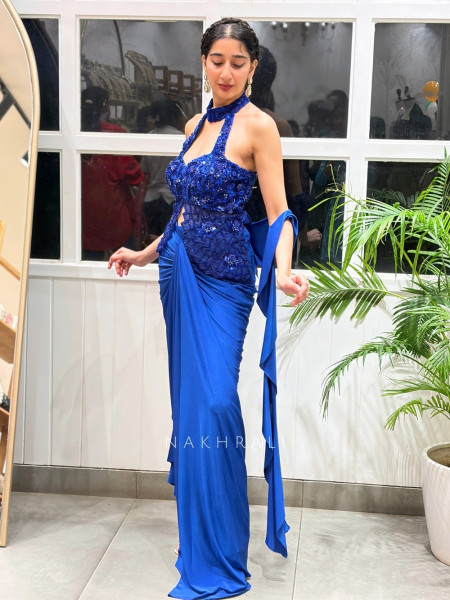 Rivya Embroidered Blue Halter Crop Top with Draped Skirt Set