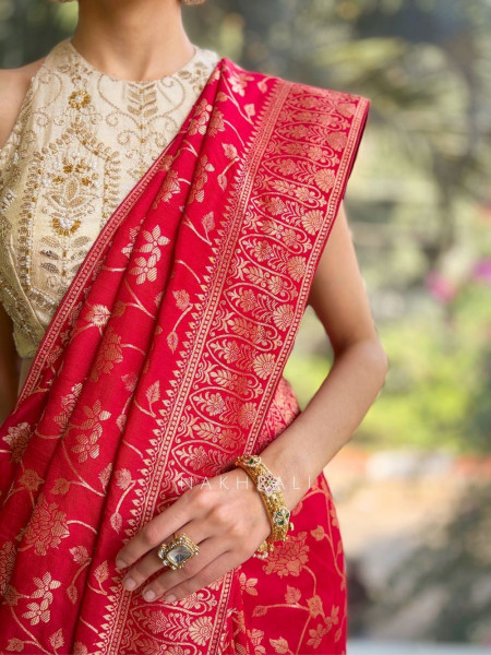 Trishika Red Brocade Silk Saree with Zari Detailing