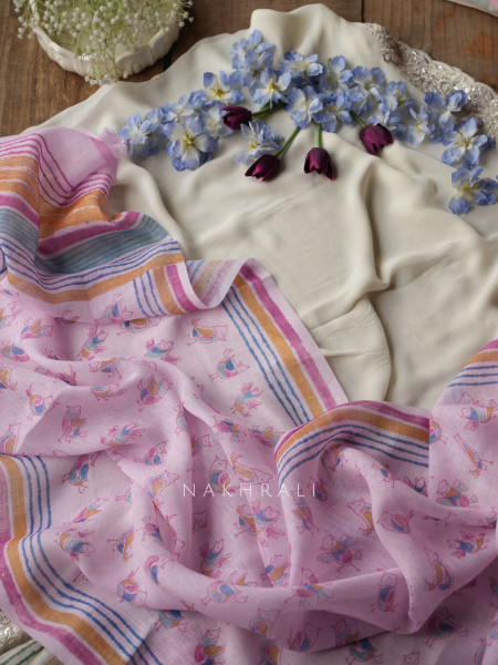 Panchi Pink Twill Blend Dress Material with Bird Thread Embroidery