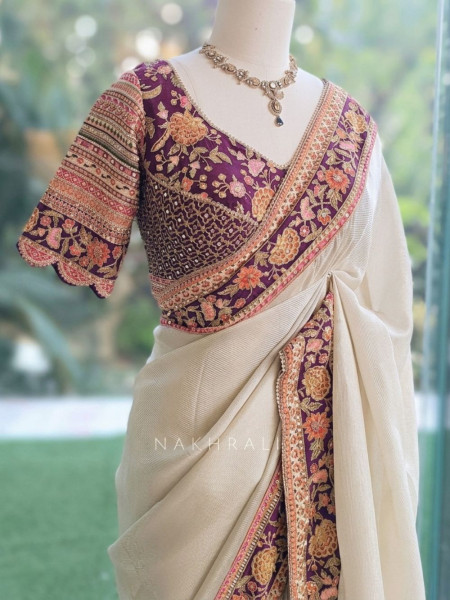 Mehr Cream & Wine Fusion Saree