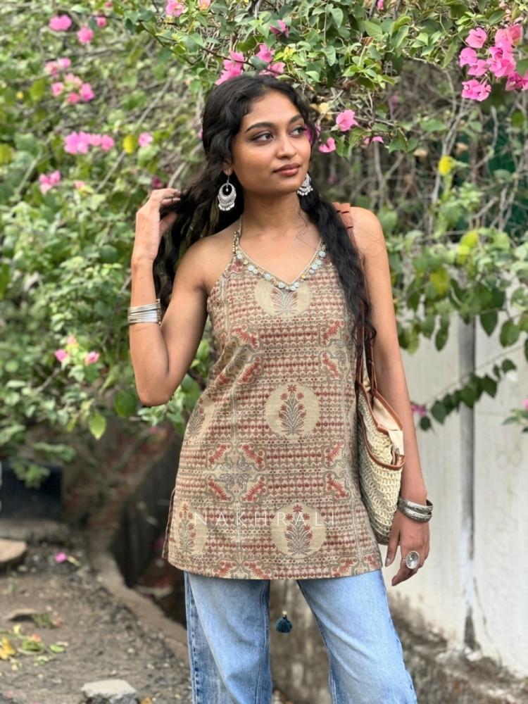 Image of Mirelle Golden Floral Printed Top with Sequin Neckline