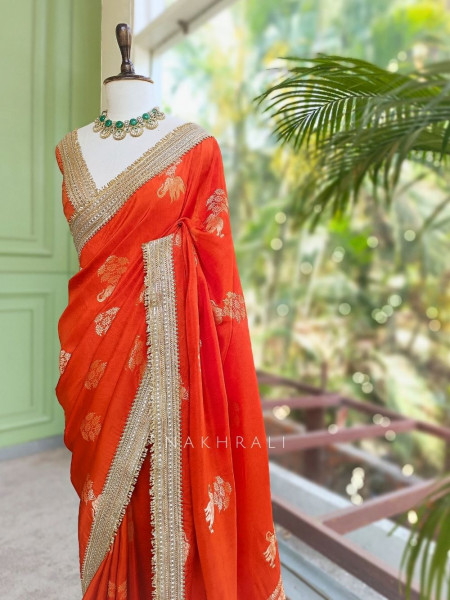 Tavira Orange Saree with Broad Border and Unstitched Blouse Piece