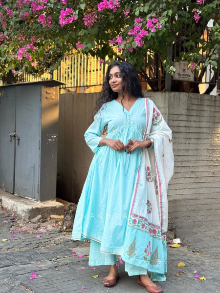 Gulistan Sky Blue Cotton Anarkali Suit Set with Floral Dupatta