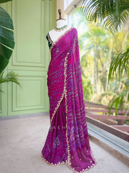 Mehrang Dark Purple Bandhani Saree with Gota Border