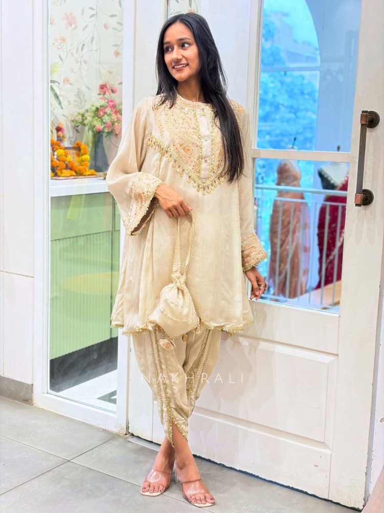 Image of Nisaar Cream Indo Western Dhoti Set with Sequin Coin Tassel Work