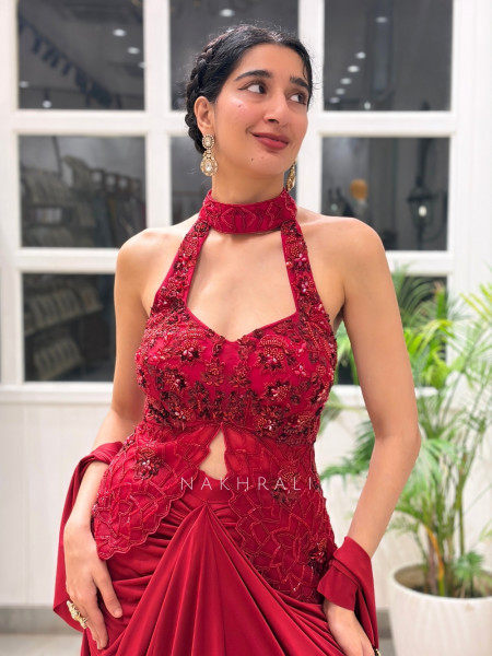 Rivya Embroidered Halter Crop Top with Draped Skirt Set