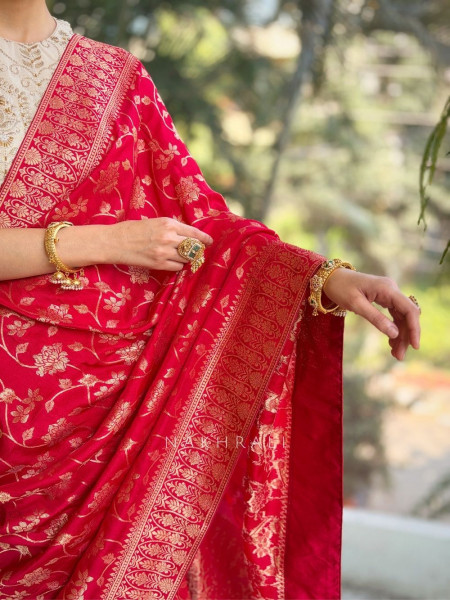 Trishika Red Brocade Silk Saree with Zari Detailing
