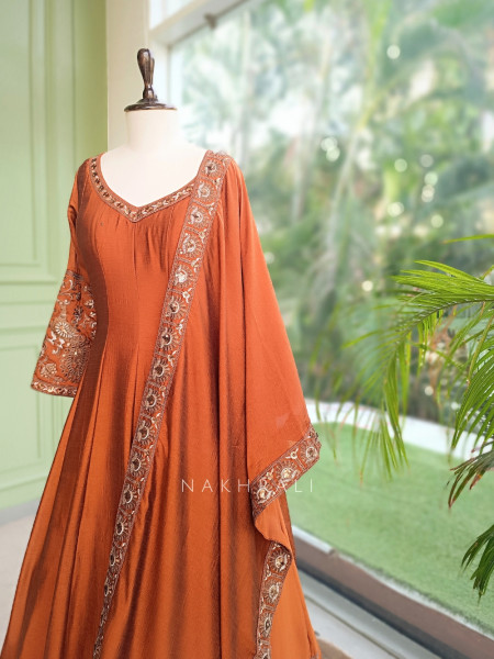 Dastaan Rust Chinon Kalidar Anarkali Set