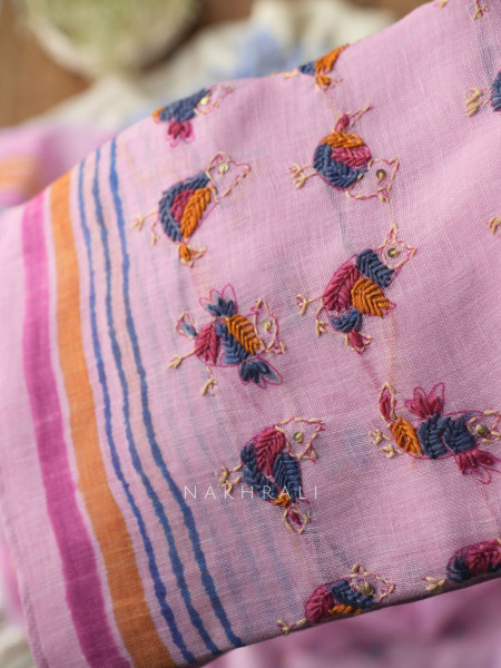 Panchi Pink Twill Blend Dress Material with Bird Thread Embroidery