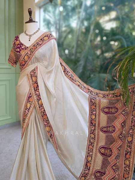 Mehr Cream & Wine Fusion Saree