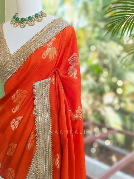 Tavira Orange Saree with Broad Border and Unstitched Blouse Piece