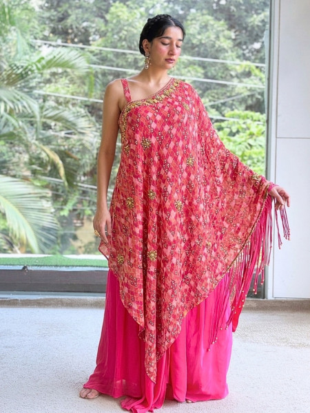 Harlequin Pink Georgette One-Shoulder Kaftan Indo-Western Set