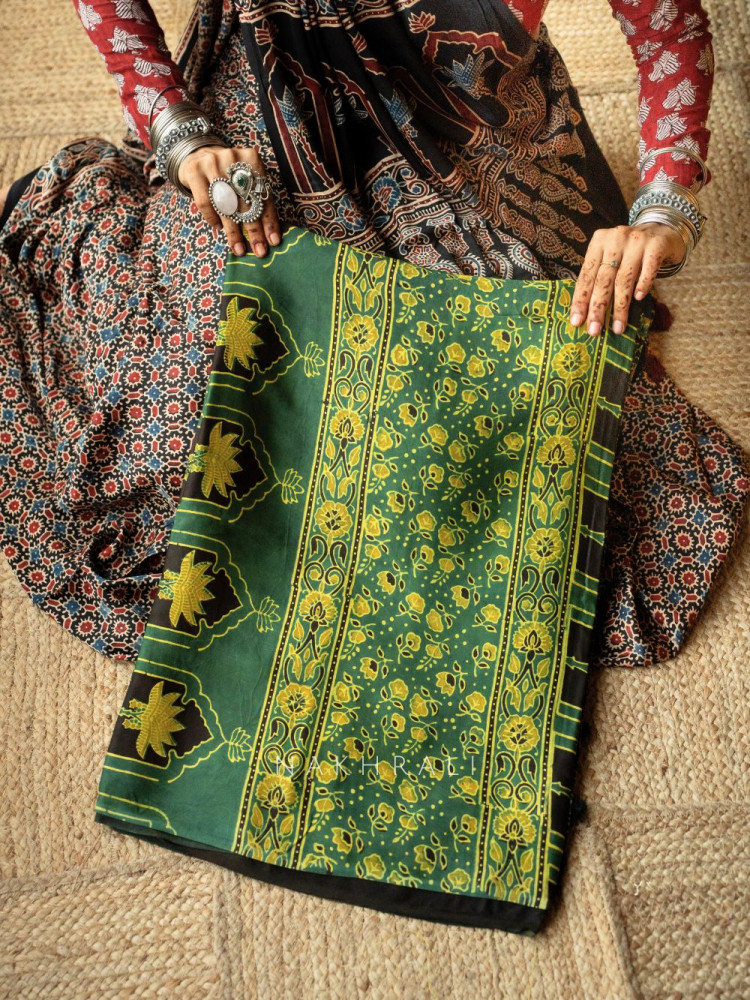 Image of Mehr Green Modal Silk Saree with Ajrakh Inspired Print