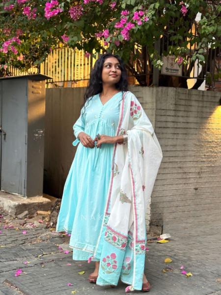 Gulistan Sky Blue Cotton Anarkali Suit Set with Floral Dupatta