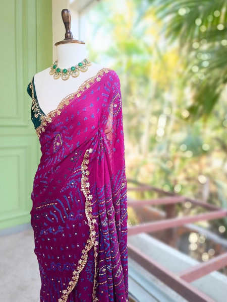 Mehrang Dark Purple Bandhani Saree with Gota Border