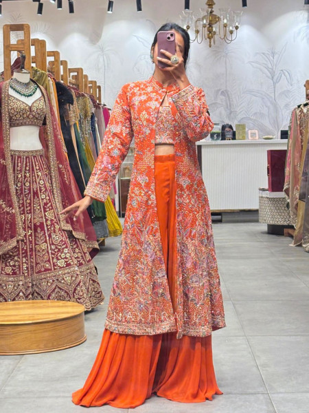 Radiant Orange Embroidered Indo-Western Set