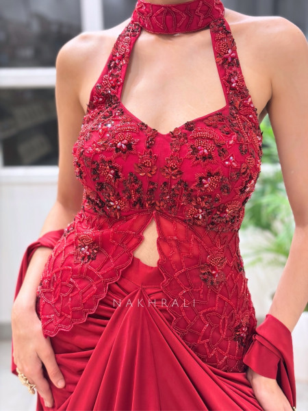 Rivya Embroidered Halter Crop Top with Draped Skirt Set